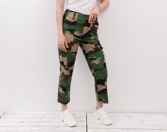 Vintage FELIN CCE Dames S W28 Franse leger Camouflage Cargo Broek Broek Combat Camouflage Militaire Surplus Cargo Broek 2v