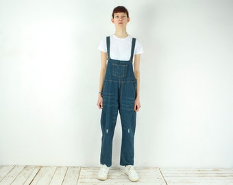 Vintage mujeres XXL Denim Romper Jean Dungaree Monos Bib Mono Playsuit Sin mangas 80s Carpintero Trabajo Tarea Utilidad 4b