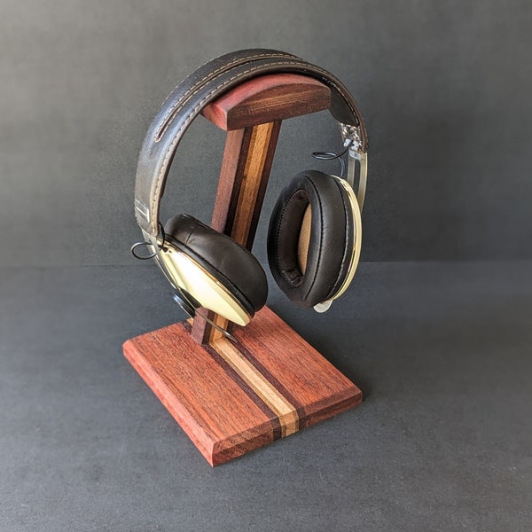 Handcrafted Headphone Stand with Exotic Wood Inlay, Incredibly Rare Red & Yellow Tingle Wood, Jarrah, Tasmanian Oak, Australian Native