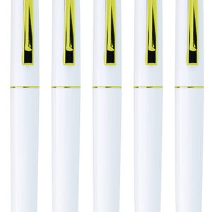 May include: Five white pens with gold-colored accents. Each pen has a gold clip and a gold band near the tip. The pens are arranged vertically against a white background. The pens are approximately 5.5 inches long.