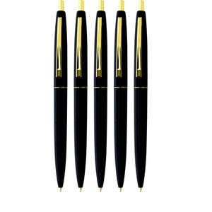May include: Five black pens with gold-colored accents. The pens have a sleek, streamlined design with a gold clip and tip. The pens are arranged vertically against a white background.