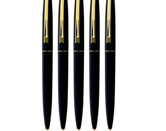 Profile of classic BIC® Clic® Pen. Black body/Polished gold-plated trim. 5 pens. Black ink, Medium Point.