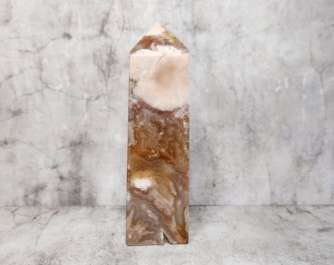 Caramel Chalcedony with agate structure and druzy. Promotes peace, concentration and balance. Rare and beautiful accent piece.