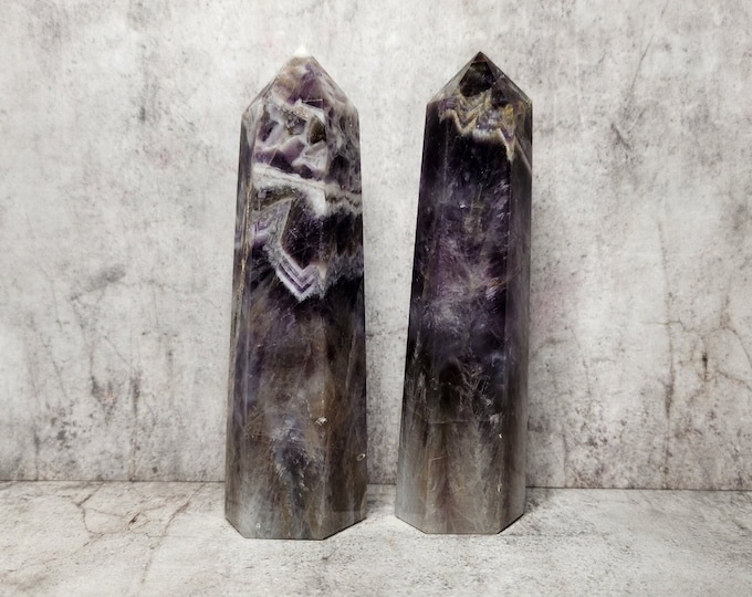 Chevron Amethyst: A beautiful combination of purple amethyst and white quartz, which promotes deep insights and spiritual growth.
