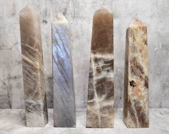 Brown Moonstone with soft shine. Strengthens intuition and inner peace. Elegant, polished tower of natural feldspar.