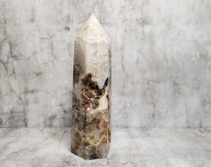 Unique ocean agate tower with druzy and crystal cavity. Works calming, grounding and promotes emotional balance. Spiritual power and beauty
