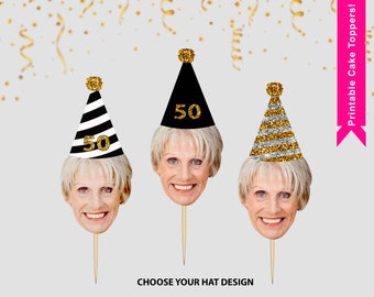 Aangepaste gezichtscupcaketoppers - afdrukbare hoed 50e en 60e verjaardag