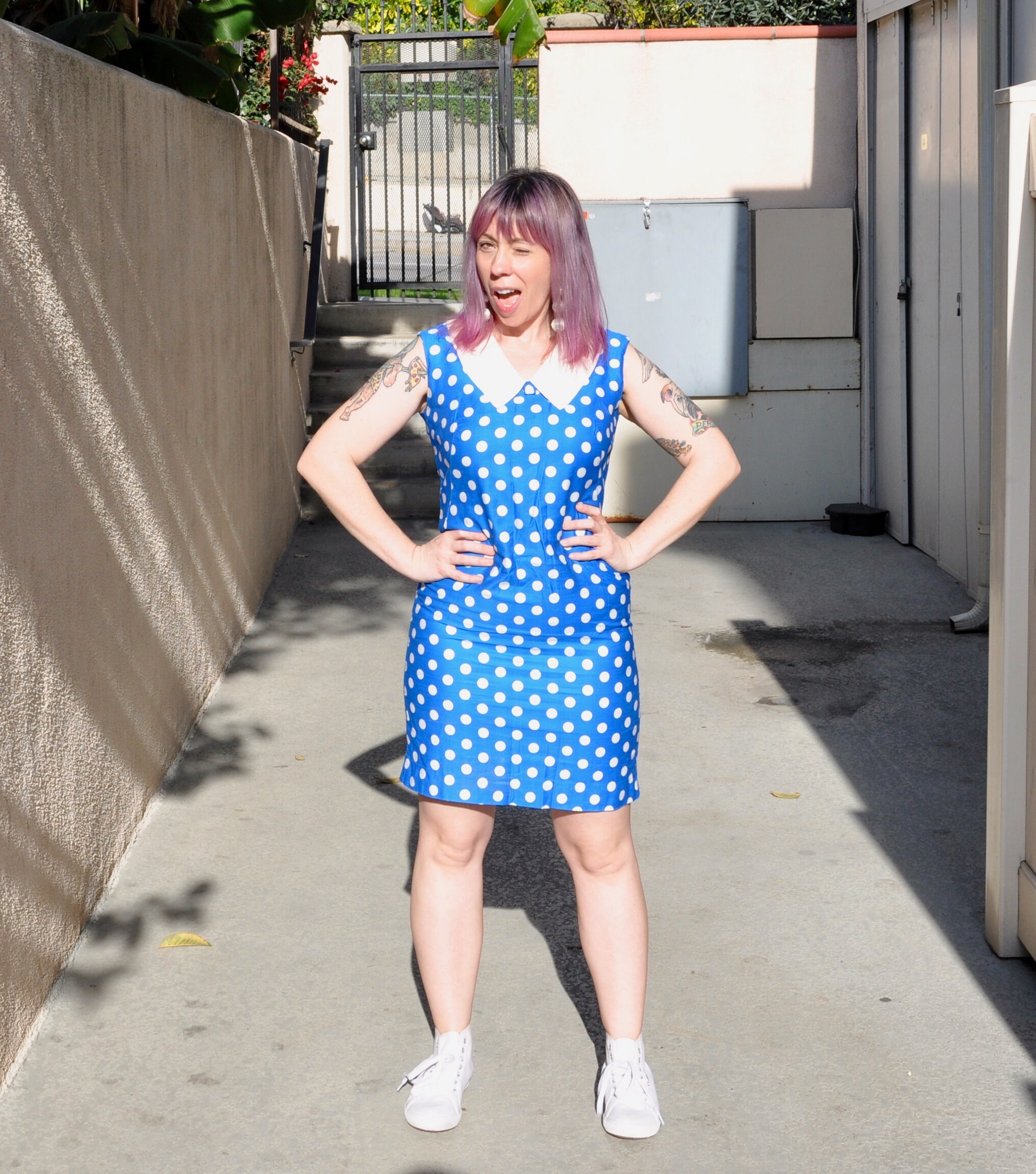 blue polka dot shift dress