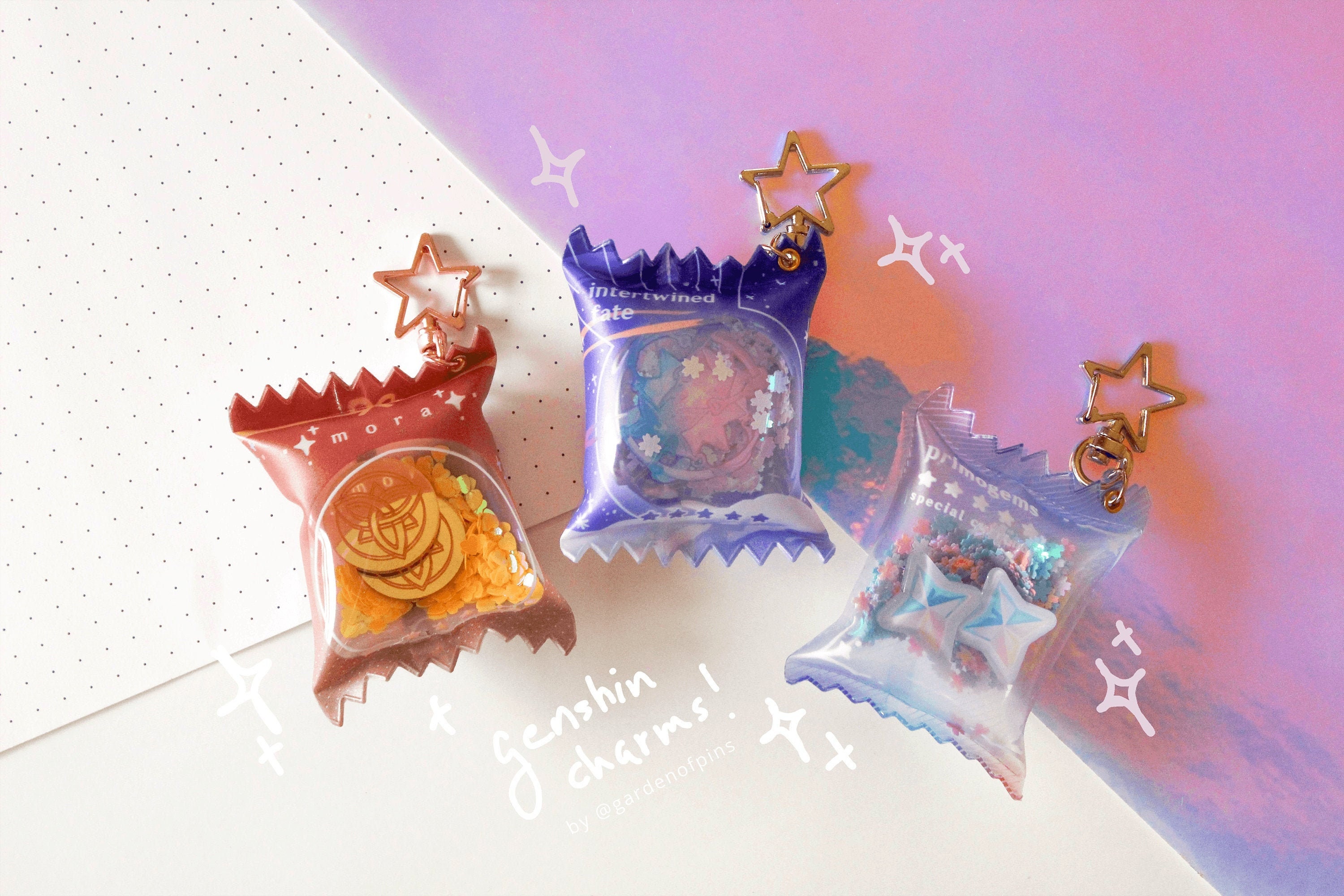 genshin primogem + fate + mora candy bag charms