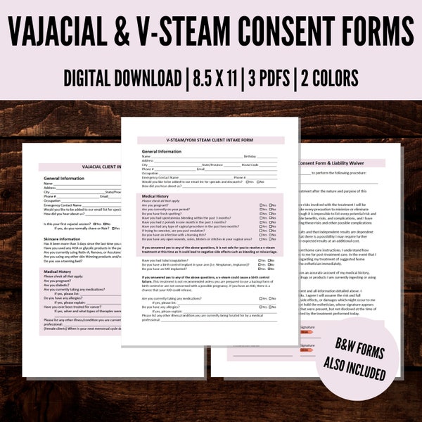 Formulaire de consentement Vajacial & V-Steam, Yoni Steam, Formulaire de consentement de l'esthéticienne, Formulaire d'admission de l'esthéticienne