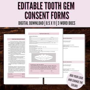 Editable Tooth Gem Consent Form, Tooth Gem Waiver, Tooth Gem Aftercare