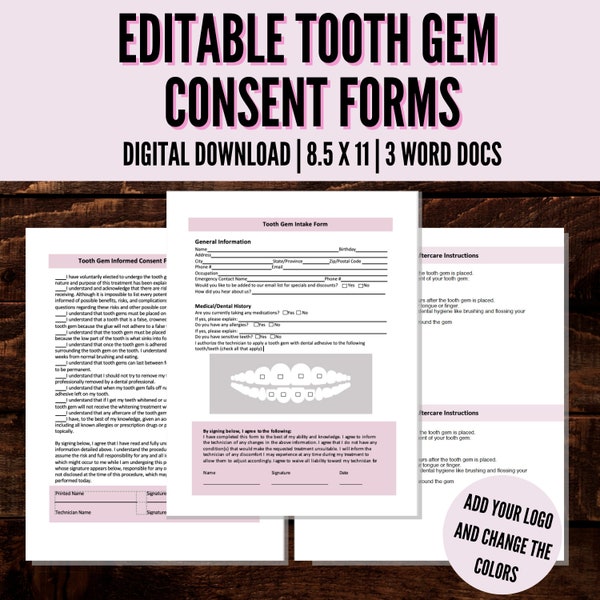 Editable Tooth Gem Consent Form, Tooth Gem Waiver, Tooth Gem Aftercare