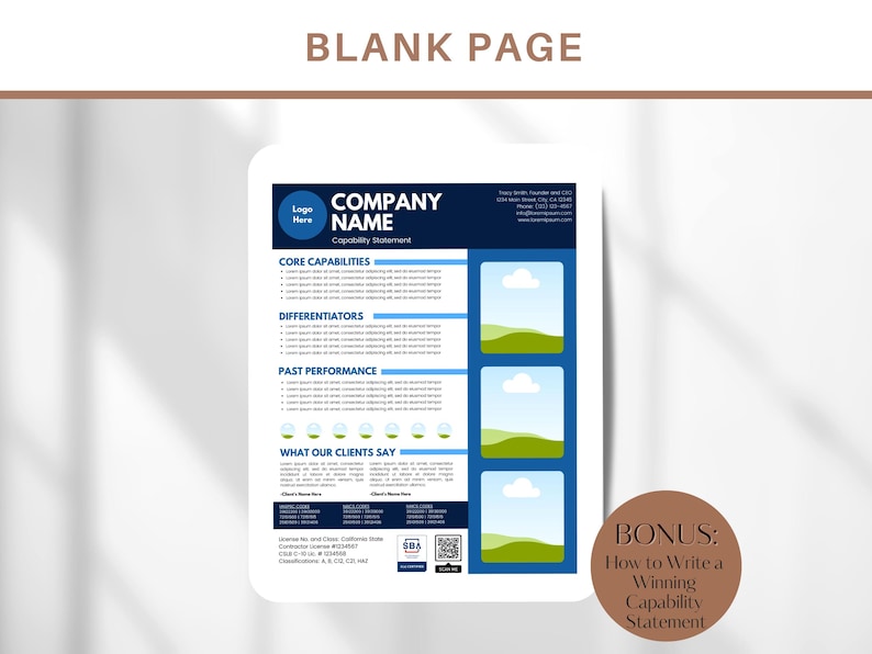 K&ouml;nnte beinhalten: Eine blaue und wei&szlig;e Vorlage f&uuml;r ein Unternehmens-F&auml;higkeitsprofil. Die Vorlage enth&auml;lt Abschnitte f&uuml;r Kernkompetenzen, Differenzierungsmerkmale, vergangene Leistungen und Kundenfeedback. Die Vorlage enth&auml;lt au&szlig;erdem einen Bonusabschnitt dar&uuml;ber, wie man ein &uuml;berzeugendes F&auml;higkeitsprofil erstellt.