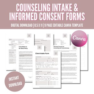 Counseling Intake Form, Informed Consent for Counseling and Psychotherapy, Mental Health Intake Form Template, Editable, Printable