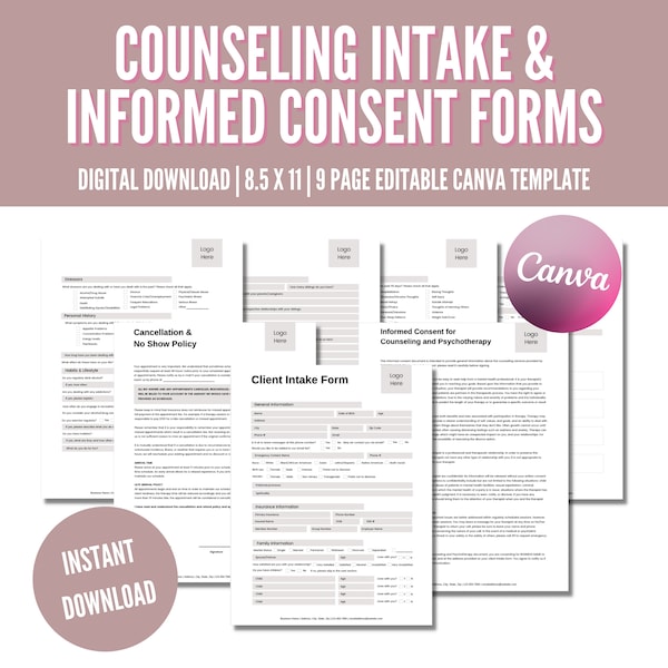 Counseling Intake Form, Informed Consent for Counseling and Psychotherapy, Mental Health Intake Form Template, Editable, Printable