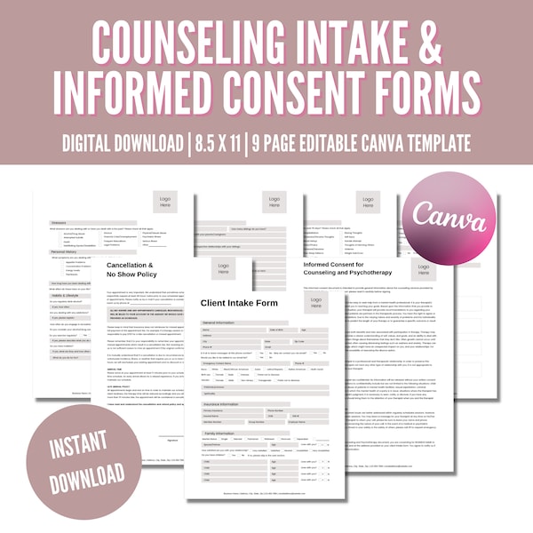 Counseling Intake Forms: Editable Client Templates (Canva Template)