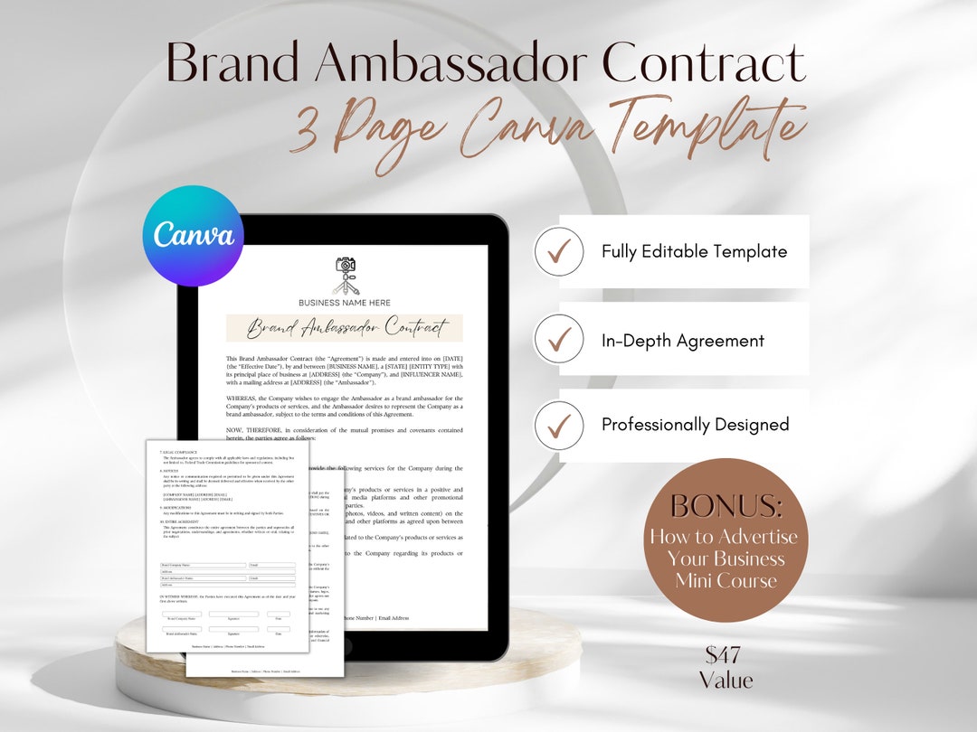 Brand Ambassador Contract, Influencer Contract, Simple Brand Ambassador