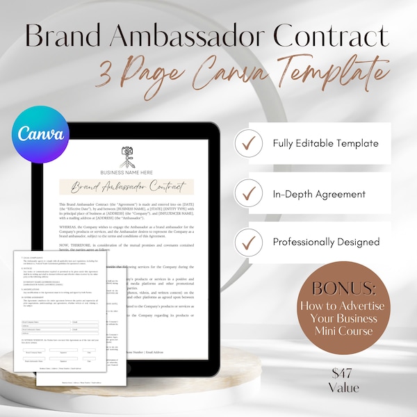 Brand Ambassador Contract, Influencer Contract, Simple Brand Ambassador Agreement Template