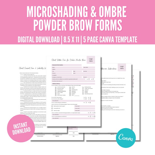 Editable Microshading Consent Form, Ombre Powder Brow Consent Form, Esthetician Business Forms