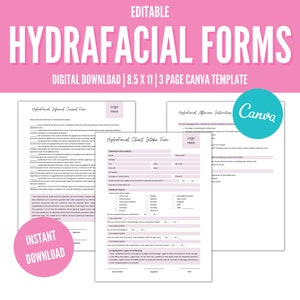 Formulaire de consentement HydraFacial, formulaire d'admission, carte de suivi, formulaires de consentement d'esthéticienne pour le visage