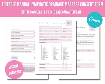 Redigerbart samtyckesformulär för manuell lymfdränagemassage, intagsformulär, blanketter för estetikerföretag