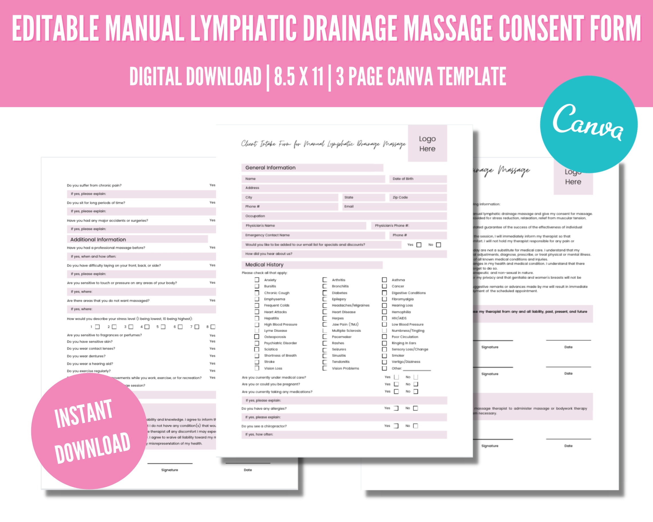 Editable Manual Lymphatic Drainage Massage Consent Form - Etsy Singapore