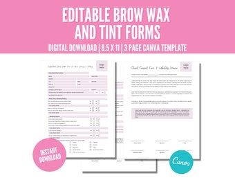 Editable Brow Wax and Tint Intake Form, Consent and Waiver Form, Esthetician Business Forms
