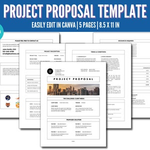 May include: A black and white project proposal template with the title "Project Proposal Template" in bold, large font. The text "Easily Edit in Canva | 5 Pages | 8.5 x 11 in" is below the title. The template includes sections for project description, terms and conditions, client needs, proposed solution, and resources required.