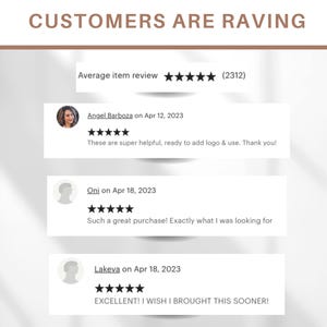 K&ouml;nnte beinhalten: Screenshot von Kundenbewertungen f&uuml;r ein Produkt mit einer durchschnittlichen Bewertung von 5 Sternen und (2312) Bewertungen. Die Bewertungen sind positiv und beinhalten Kommentare wie "Diese sind super hilfreich, bereit zum Hinzuf&uuml;gen eines Logos und zur Verwendung. Danke!" und "Ein gro&szlig;artiger Kauf! Genau das, wonach ich gesucht habe".