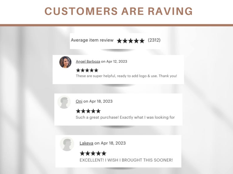 K&ouml;nnte beinhalten: Screenshot von Kundenbewertungen f&uuml;r ein Produkt mit einer durchschnittlichen Bewertung von 5 Sternen und (2312) Bewertungen. Die Bewertungen sind positiv und beinhalten Kommentare wie "Diese sind super hilfreich, bereit zum Hinzuf&uuml;gen eines Logos und zur Verwendung. Danke!" und "Ein gro&szlig;artiger Kauf! Genau das, wonach ich gesucht habe".