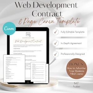 Puede incluir: Una tableta digital que muestra una plantilla de contrato de desarrollo web sobre un fondo blanco. La plantilla se titula "Contrato de desarrollo web" e incluye secciones para servicios, consulta y planificación, y más. El texto "Plantilla Canva de 6 páginas" se muestra encima de la tableta. El texto "Plantilla totalmente editable", "Acuerdo en profundidad" y "Diseñado profesionalmente" se muestra en casillas de verificación debajo de la tableta. Un círculo marrón con el texto "BONO: Cómo anunciar tu negocio Minicurso" se muestra debajo de las casillas de verificación. El texto "Valor de 47 €" se muestra debajo del círculo.