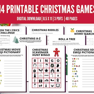 May include: A set of 14 printable Christmas games, including a Christmas movie emoji pictionary, a Christmas scavenger hunt bingo, a Christmas song emoji pictionary, a Christmas word search, a Christmas A-Z, a Christmas riddles game, and a roll a tree game. The games are designed for digital download and are 8.5 x 11 inches in size.