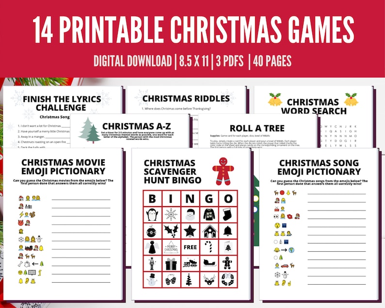 May include: A set of 14 printable Christmas games, including a Christmas movie emoji pictionary, a Christmas scavenger hunt bingo, a Christmas song emoji pictionary, a Christmas word search, a Christmas A-Z, a Christmas riddles game, and a roll a tree game. The games are designed for digital download and are 8.5 x 11 inches in size.