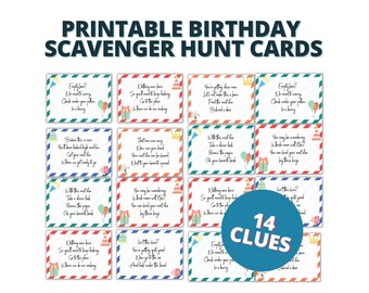 May include: Printable birthday scavenger hunt cards with 14 clues. Each card has a colorful design with balloons and presents. The cards are printed on white paper with a red, white, and blue border.