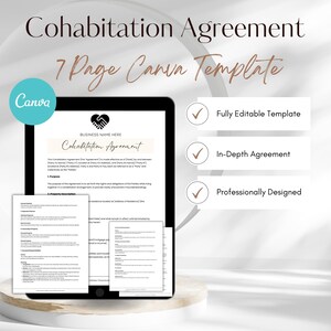 May include: A digital mockup of a 7-page Canva template for a cohabitation agreement. The template is fully editable, in-depth, and professionally designed. The template features a business name placeholder and a heart icon.