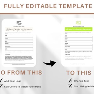 Op de afbeelding: Een voor-en-na-afbeelding die laat zien hoe je een softwareontwikkelingsovereenkomst kunt aanpassen. De linkerzijde toont een zwart-wit sjabloon met de tekst "Software Development Agreement". De rechterzijde toont hetzelfde sjabloon met een groene accentkleur en de tekst "Software Development Agreement". De tekst onder de afbeeldingen zegt "Ga van dit naar dit" en somt de stappen op om het sjabloon aan te passen: "Voeg je logo toe", "Pas kleuren aan om overeen te komen met je merk", "Wijzig tekst" en "Begin met gebruiken in minuten".