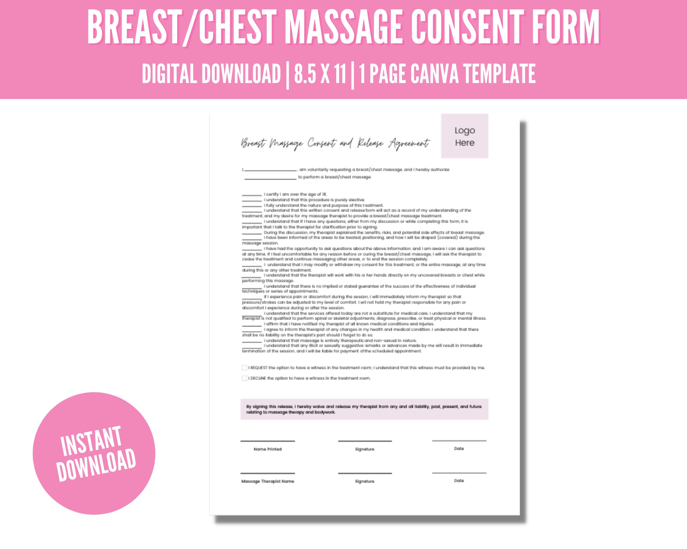 Breast Massage Consent Form Editable Chest Massage Form Etsy Canada