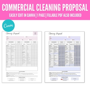 May include: A printable commercial cleaning proposal template with a Canva logo. The template includes sections for client information, services requested, frequency, and terms and conditions. The document is easily editable and includes a fillable PDF.