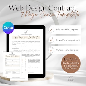 Può includere: Un modello Canva per un contratto di web design. Il modello include un modulo di contatto per i clienti, un contratto di web design e un mini-corso bonus su come pubblicizzare la tua attività. Il modello è completamente modificabile e progettato in modo professionale.