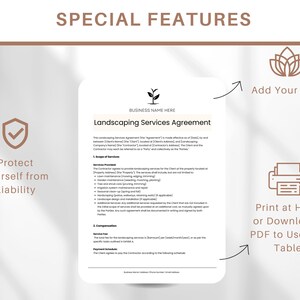 Op de afbeelding: Een afdrukbare sjabloon voor een overeenkomst voor landschapsdiensten met een checklist, een logo-plaatsaanduiding en instructies om het document af te drukken of te downloaden. De tekst op het document luidt "Landscaping Services Agreement".