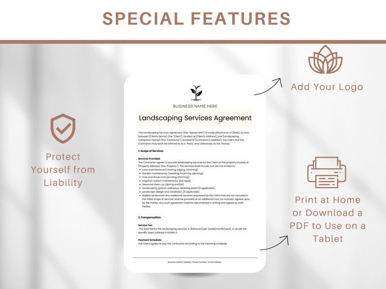 Op de afbeelding: Een afdrukbare sjabloon voor een overeenkomst voor landschapsdiensten met een checklist, een logo-plaatsaanduiding en instructies om het document af te drukken of te downloaden. De tekst op het document luidt "Landscaping Services Agreement".
