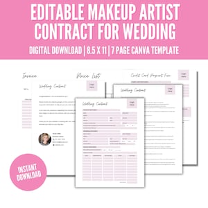 May include: A digital download template for a wedding makeup artist contract. The template includes a price list, invoice, credit card payment form, and a wedding contract. The template is designed in a pink and white color scheme and features a logo placeholder.