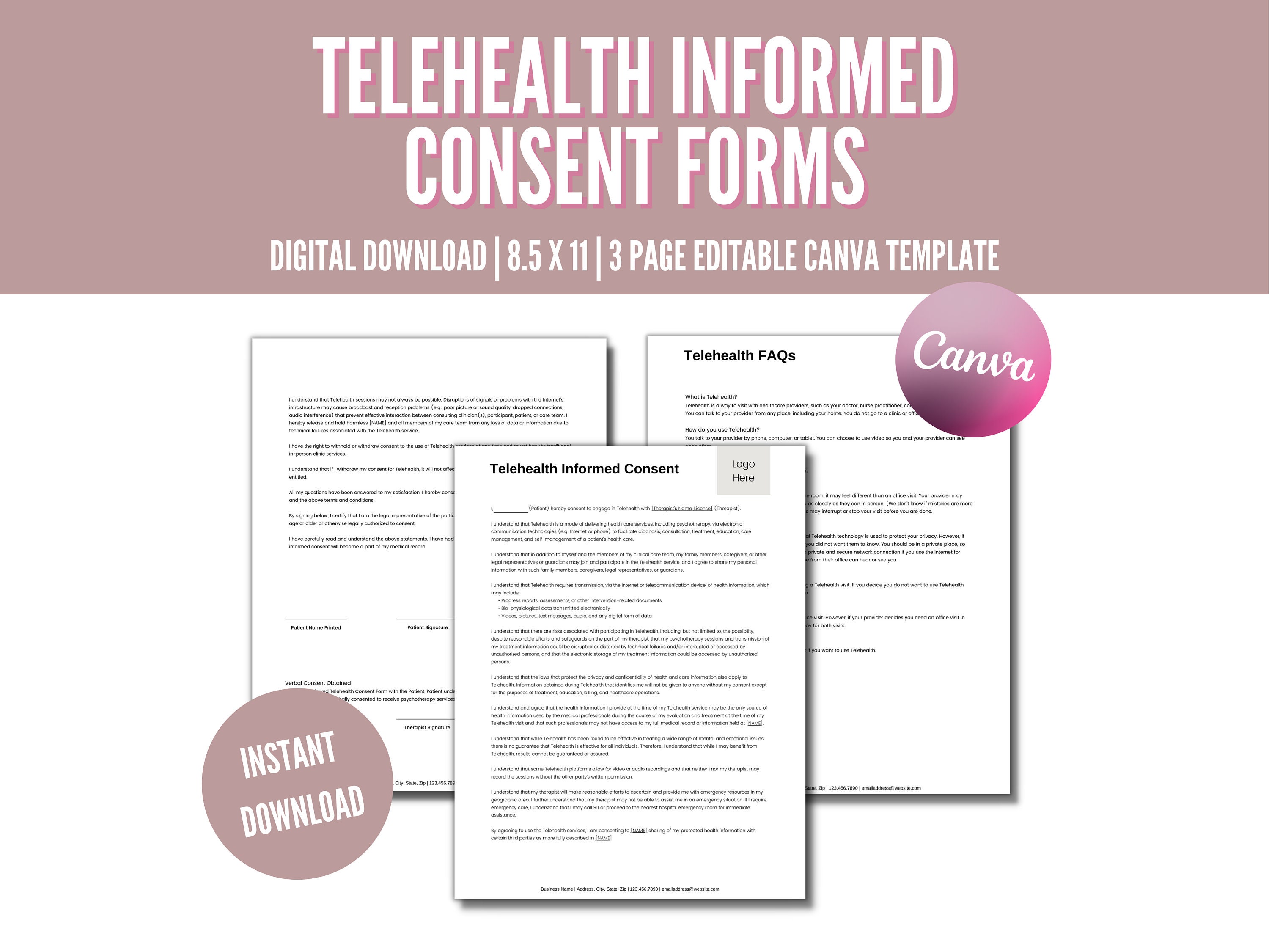 Telehealth Consent Forms, Telehealth Informed Consent Forms, Consent Form PDF, Consent Form Template