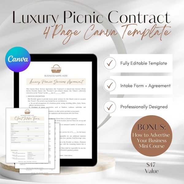 Luxury Picnic Contract, Picnic Contract, Picnic Business Contract, Picnic Services Contract, Luxury Picnic Contract Template
