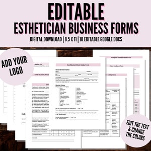 Może przedstawiać: Edytowalne formularze Google Docs dla kosmetyczek. Formularze obejmują formularz przyjęcia klienta, zrzeczenie się odpowiedzialności, formularz opinii klienta i formularz zgody na zdjęcia i filmy. Formularze są różowe i białe i mają tekst "Dodaj swoje logo" u góry.