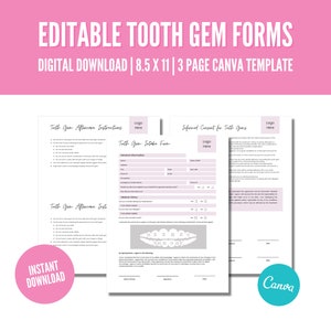 Editable Tooth Gem Consent Form, Tooth Gem Waiver, Tooth Gem Aftercare, Canva Template