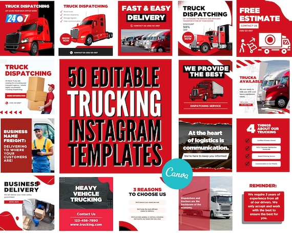 50 Trucking Instagram Templates: Dispatch Business (canva Editable