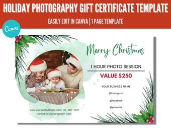 Holiday Photography Gift Certificate Template, Editable Christmas Gift Certificate Template