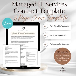 May include: A digital mockup of a 6-page Canva template for a Managed IT Services Contract Agreement. The template is fully editable, includes an in-depth agreement, and is professionally designed. A bonus mini course on how to advertise your business is also included.