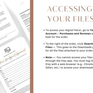 Op de afbeelding: Een wit vel papier met de tekst "Software Development Agreement" en "BUSINESS NAME HERE" bovenaan. De tekst "ACCESSING YOUR FILES" staat in zwarte tekst op een lichtbruine achtergrond. De tekst hieronder legt uit hoe je toegang krijgt tot digitale bestanden die je op Etsy hebt gekocht.